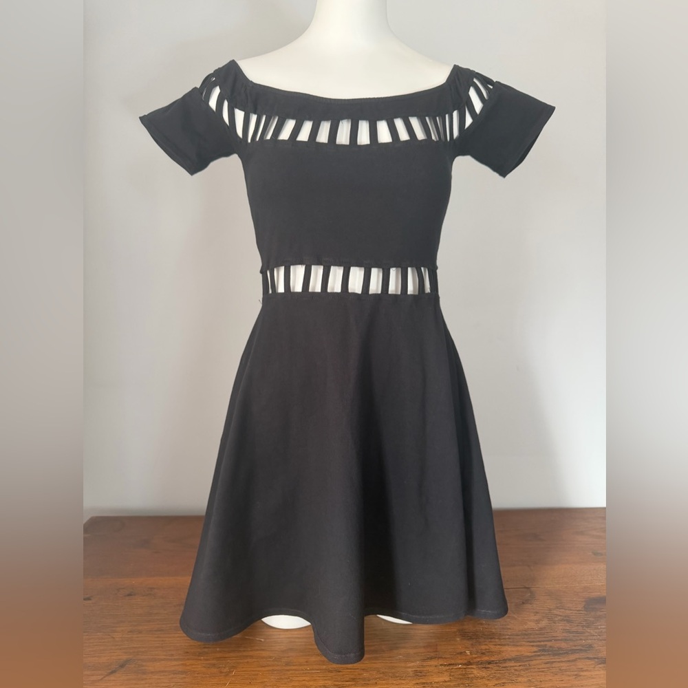 Motel Black Off-Shoulder Cutout Fit & Flare Mini Dress